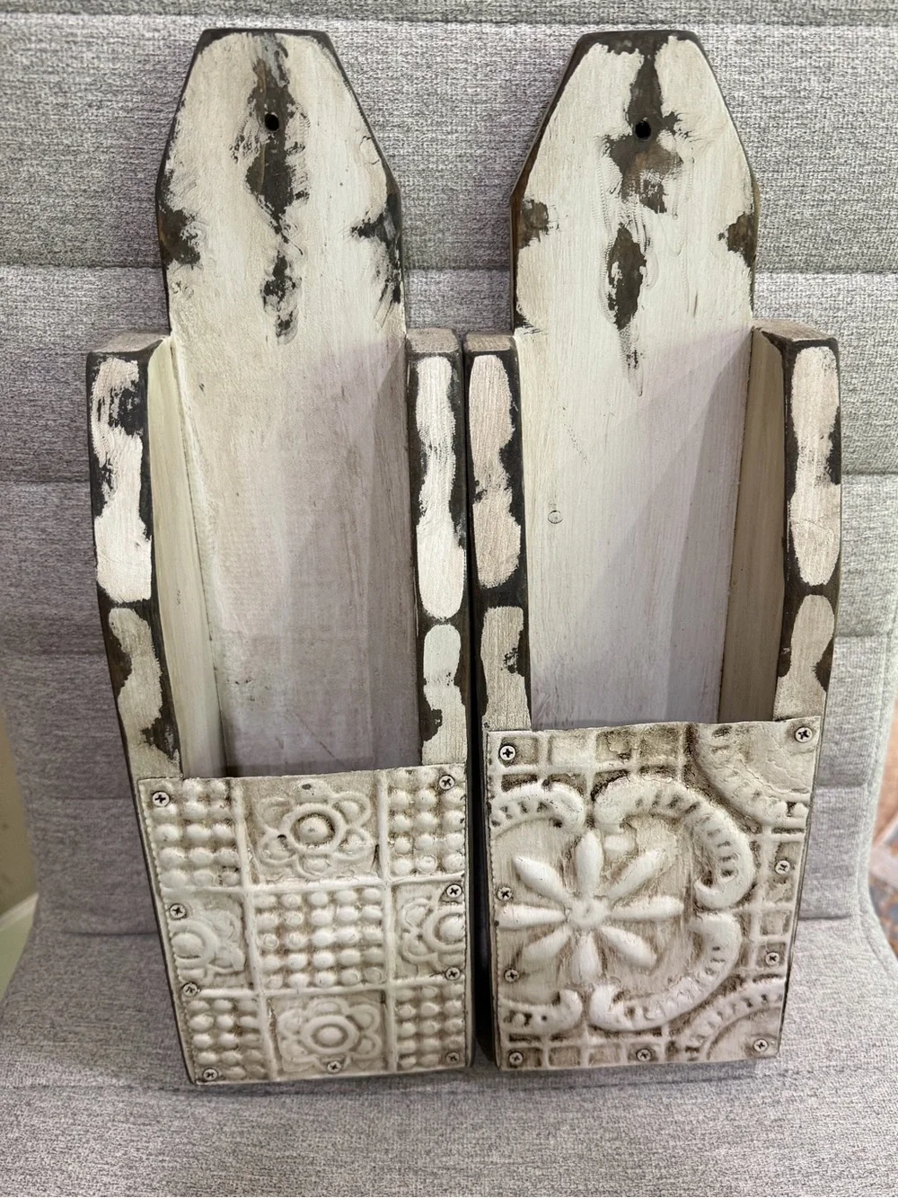 Rustic White Distressed Wall Pocket Set Handcrafted Wood W/ Antique Tin Ceiling